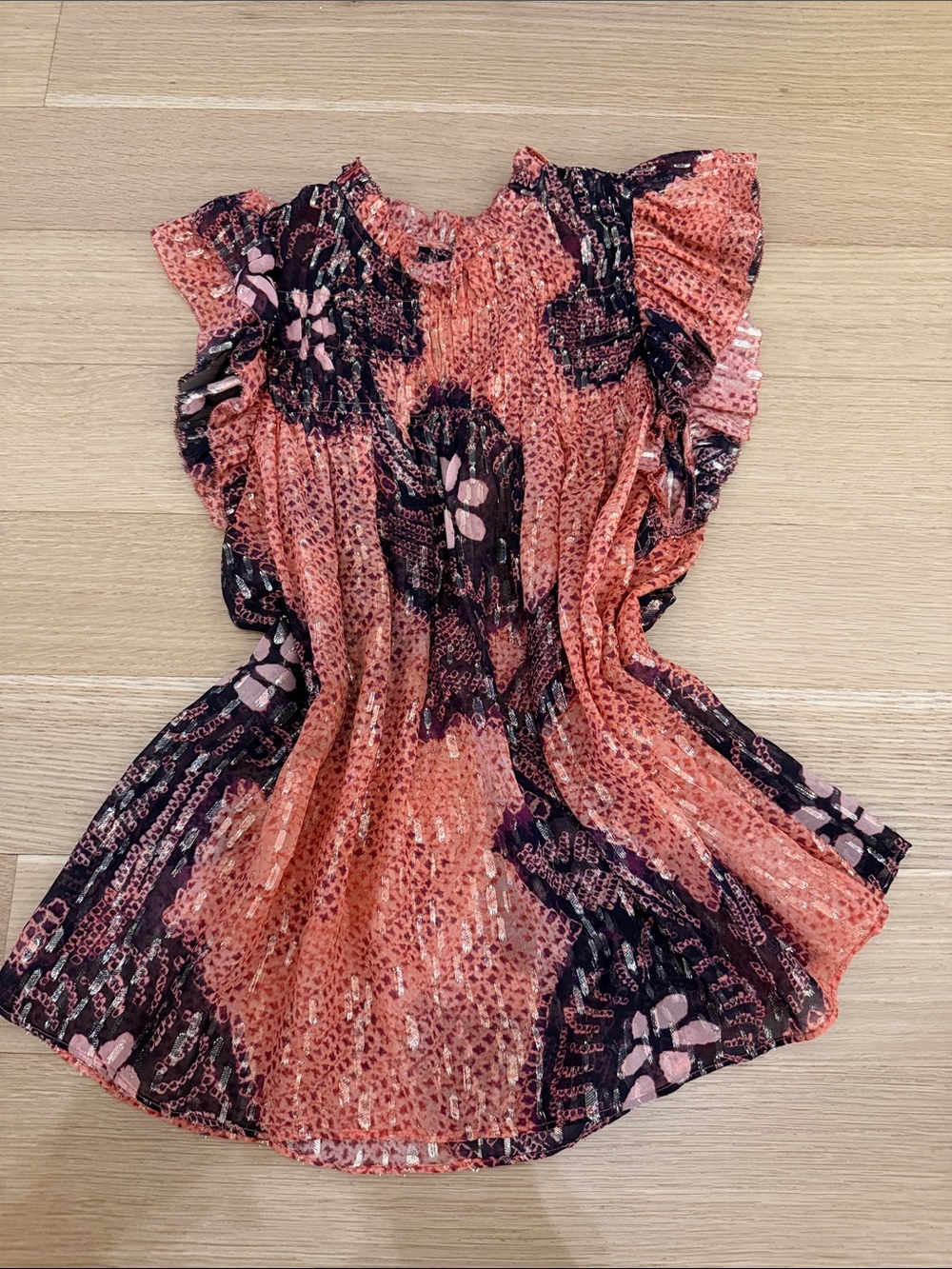 Ulla Johnson Coral and Black Floral Ruffled Sleeve Blouse